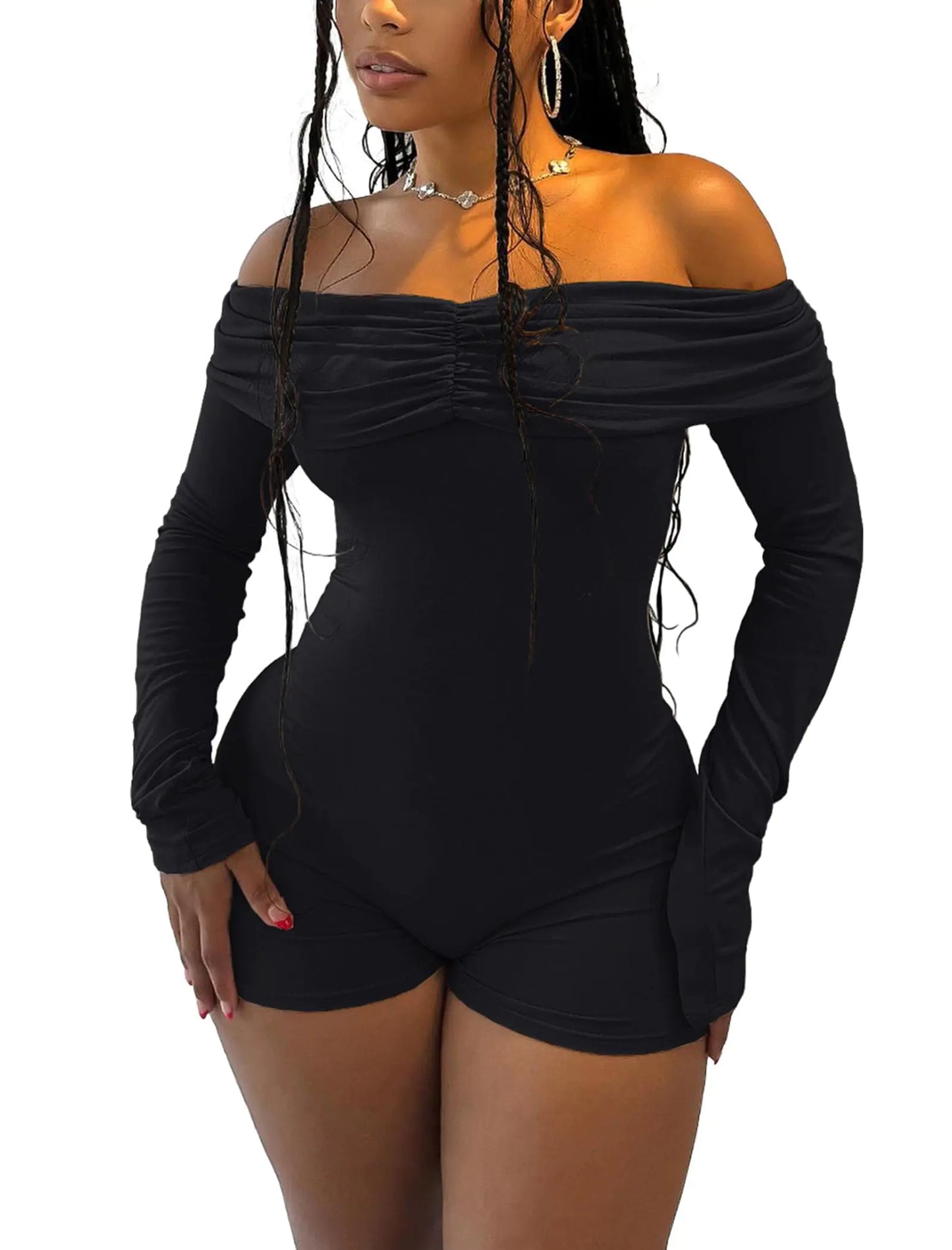 chicyes Womens Sexy One Piece Jumpsuits For Women Shorts Long Sleeve Off The Shoulder Bodysuit Onesie Bodycon Rompers Overall Black