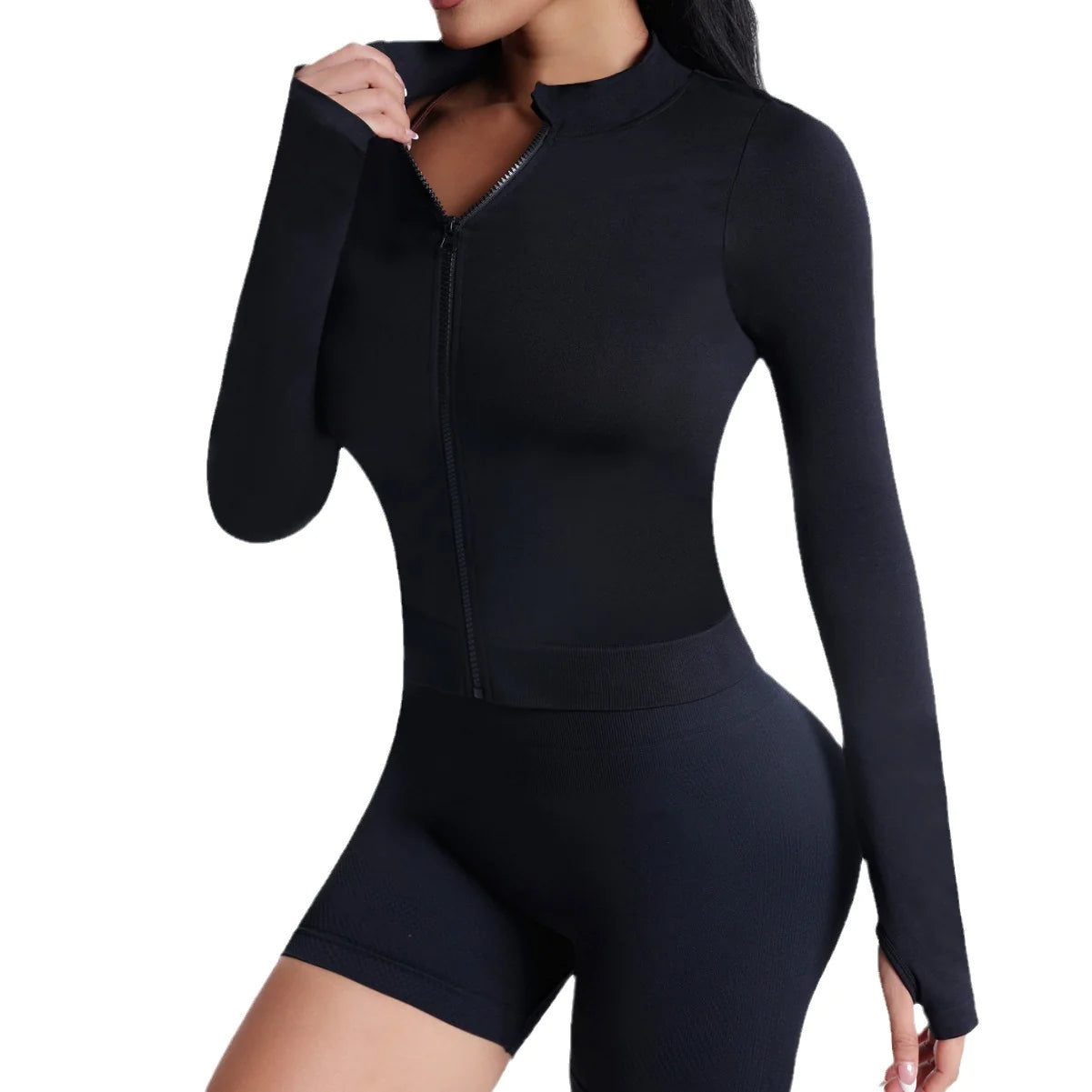 Seamless Zip-up Shirt Long Sleeve Sportswear Black