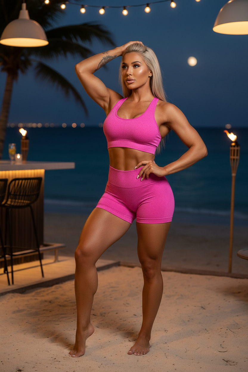 Athletic exotic model wearing pink seamless yoga set at beach bar at night