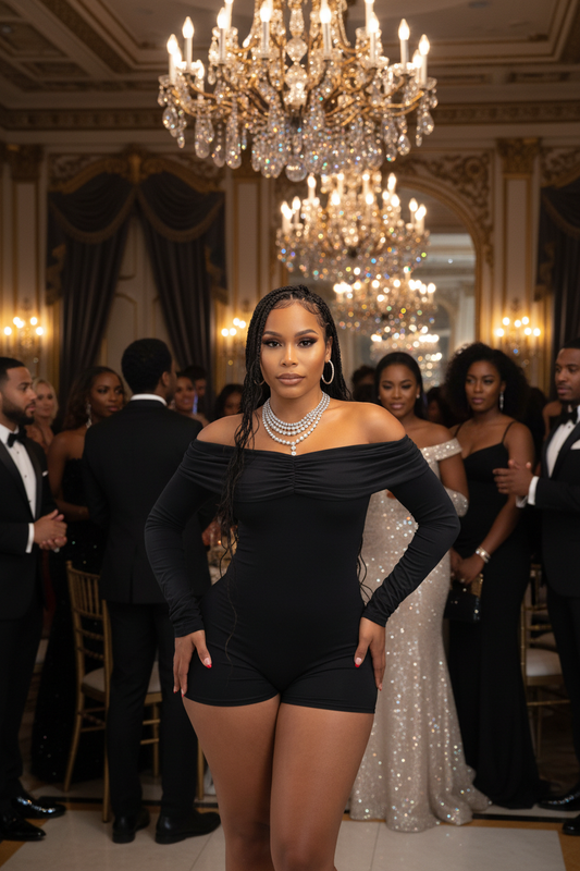 Athletic model wearing chicyes jumpsuit at gala