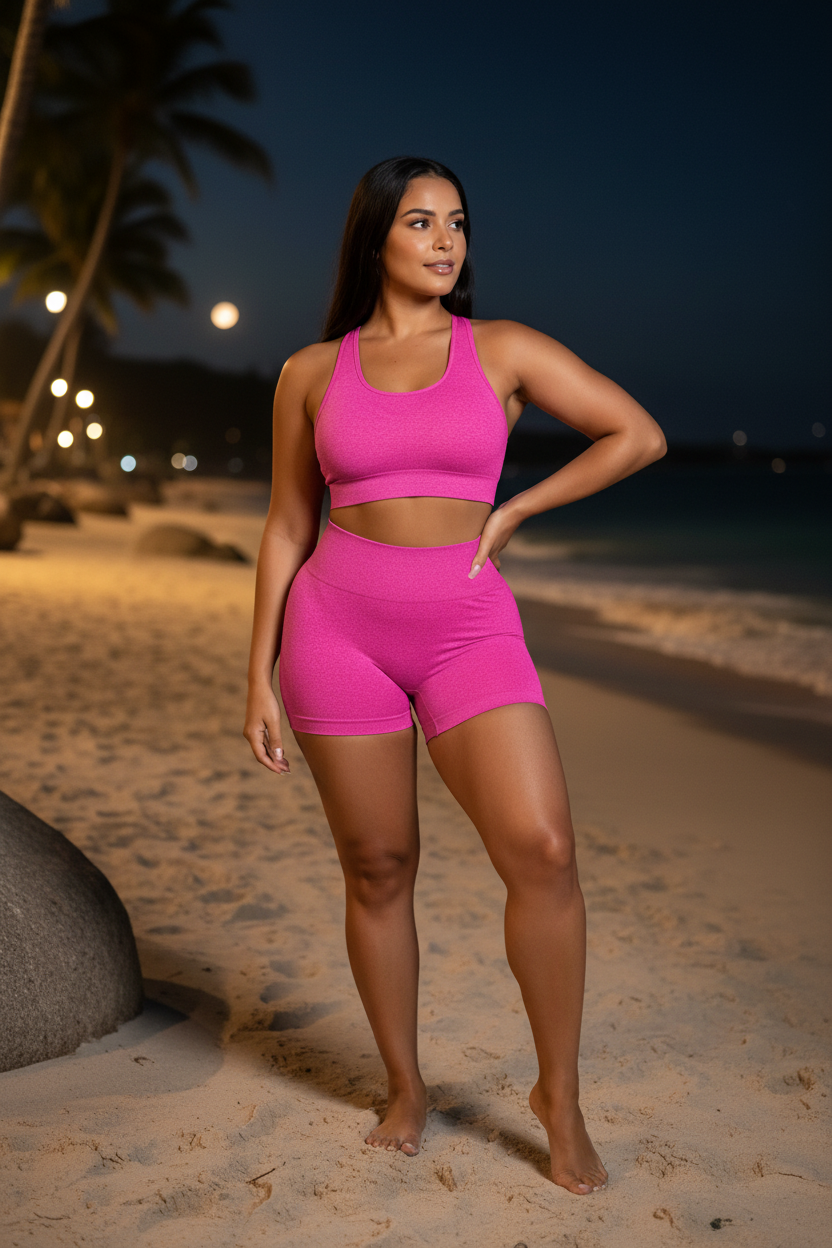 Curvy model wearing pink seamless yoga set on beach at night