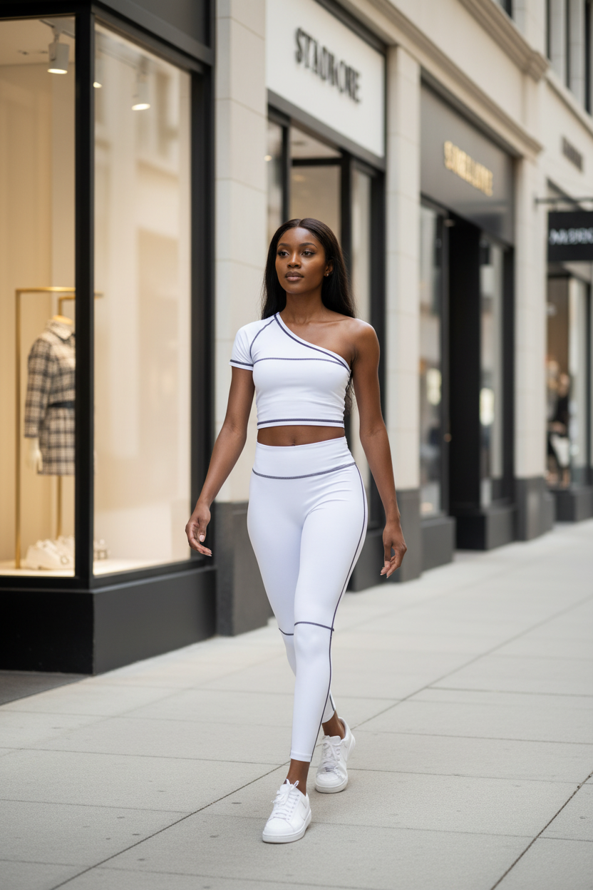 Model wearing fashionable yoga set with white tennis shoes walking through luxury shopping district