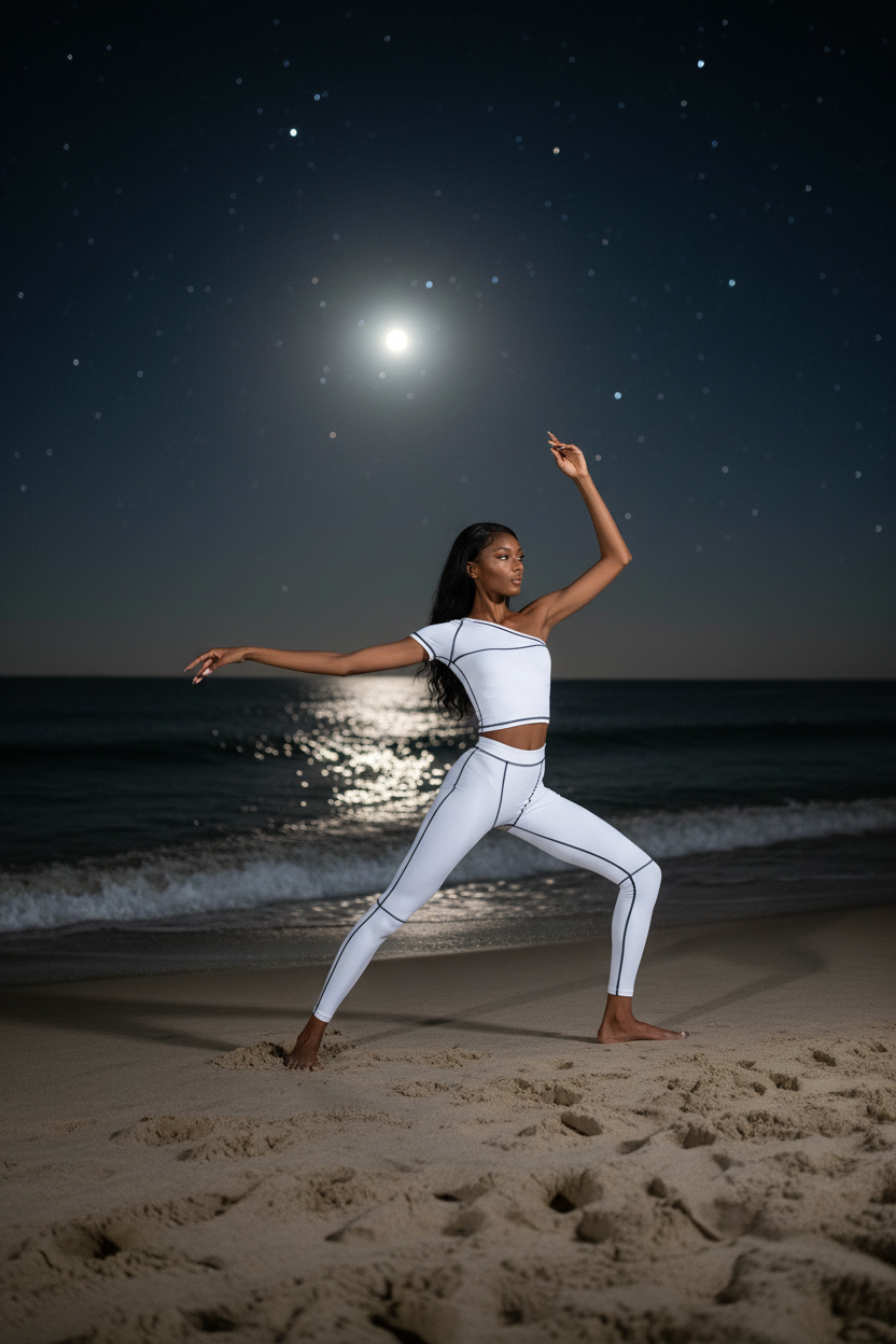 Model in white yoga set on beach at night