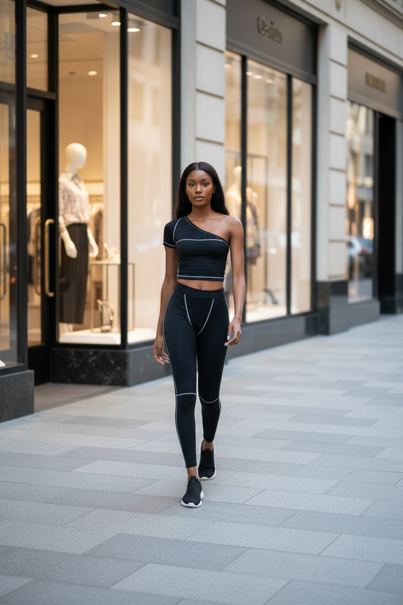 Model wearing black yoga set with black shoes